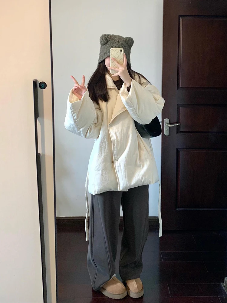 

Белая хлопковая куртка-жакет женская, модная зимняя верхняя одежда, повседневная, с эффектом люкс, в корейском стиле, свободного кроя