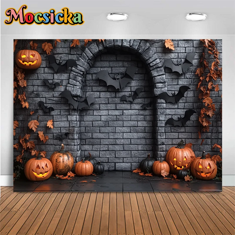 Mocsicka Halloween Photography Background Grey Brick Wall Bats Decorations Autumn Pumpkin Party Photo Backdrops Studio Wallpaper
