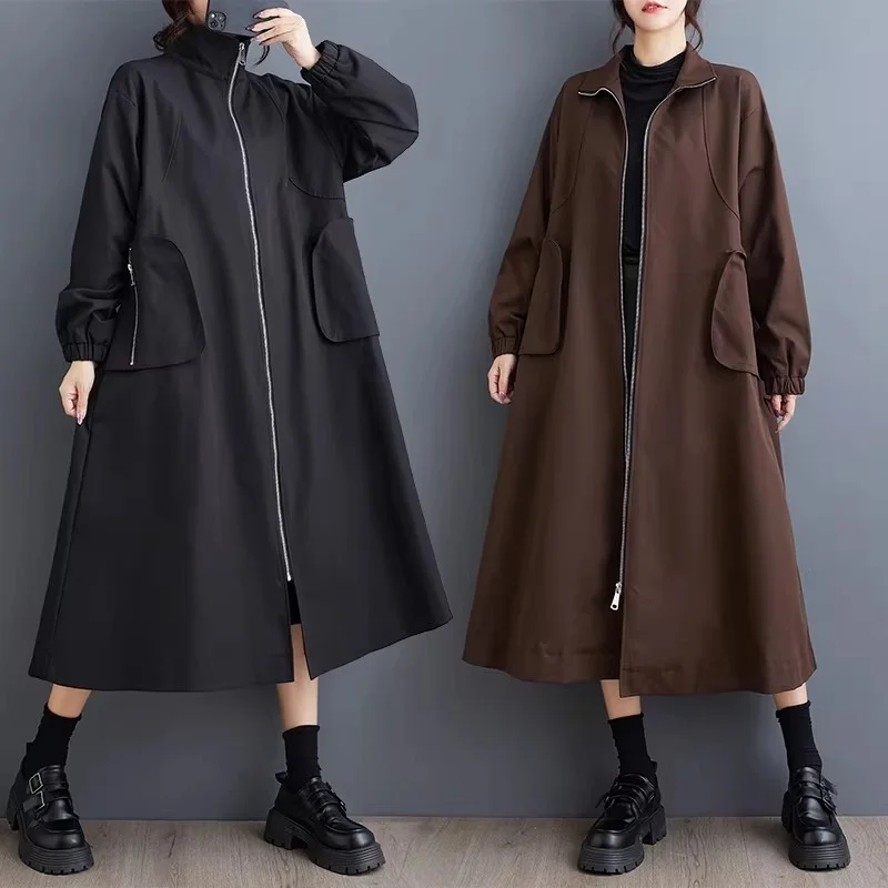 Artistic Casual Trench Coat for Women - Korean Oversized Style Mid-Length Windbreaker, Perfect Spring Autumn Zipper Jacket w1942