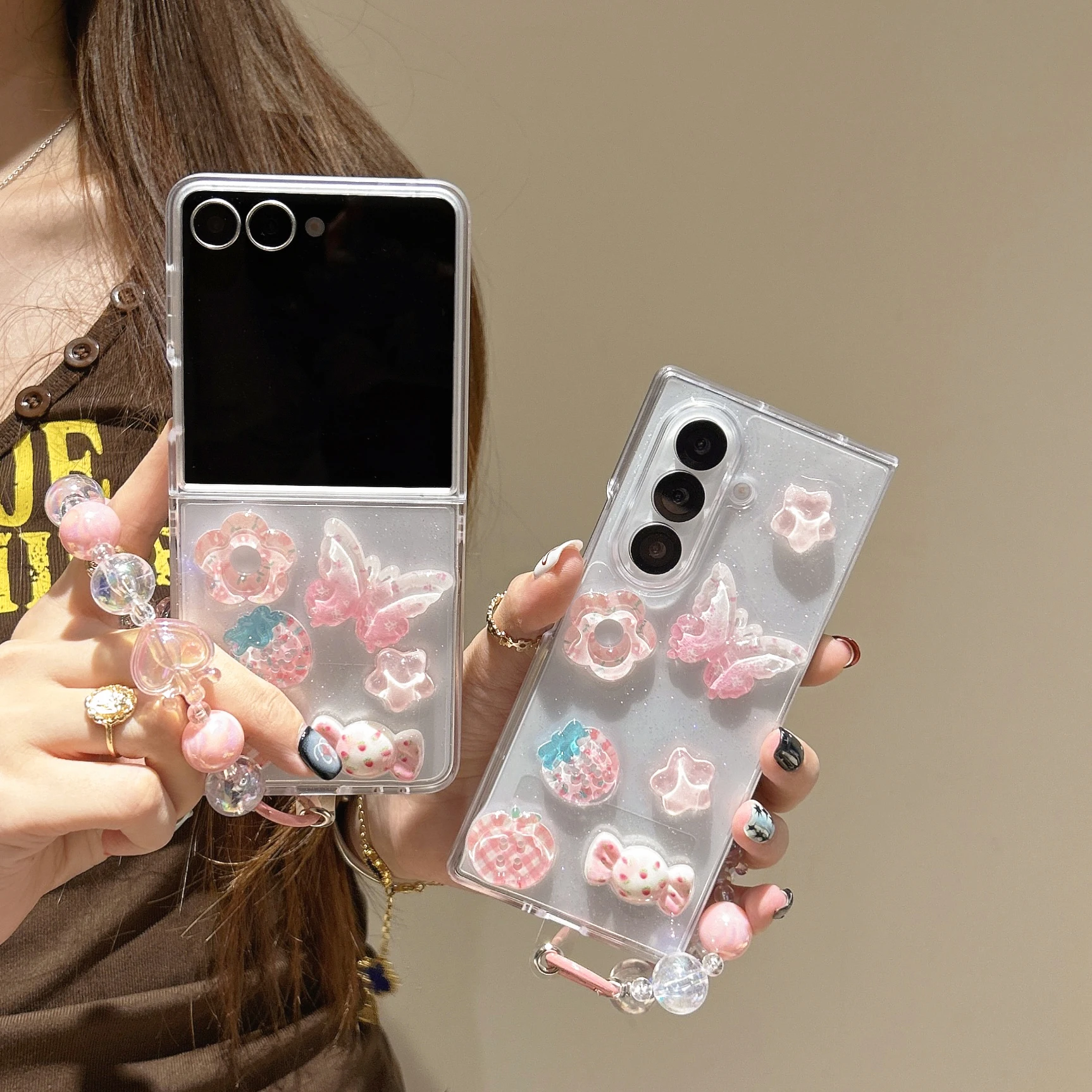 

Back Cover For Samsung Galaxy Z Flip/Fold 7 6 5 4 3 Case Glitter Pink Star Flower Butterfly Bracelet Wristband Chain Phone Case