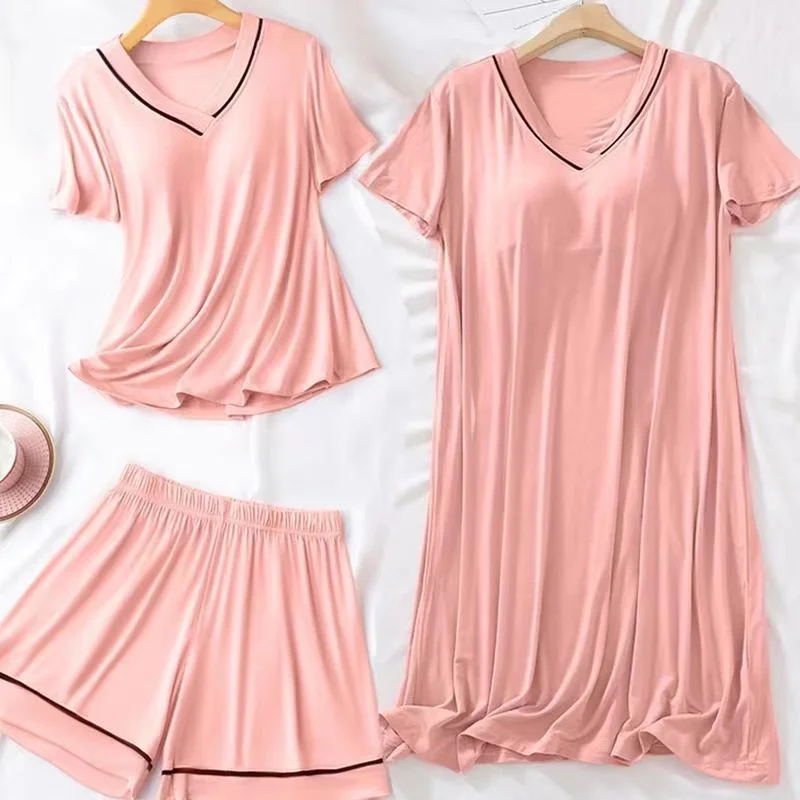 2024 Three piece set of padded pajamas for women in summer, V-neck, no bra, loose fitting short sleeved pajamas can be worn exte