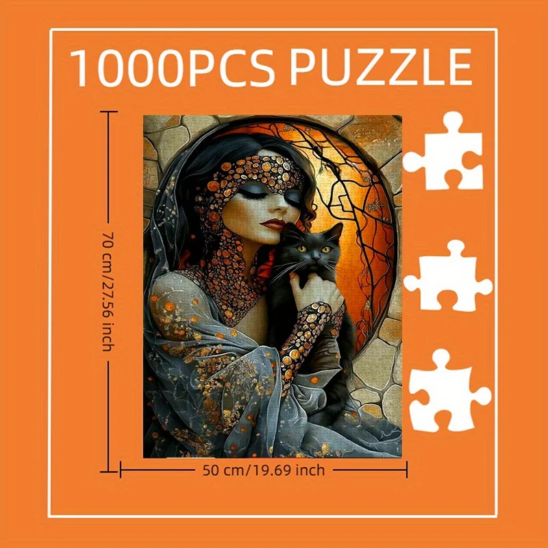 puzzle, DIY paper puzzle, mysterious woman and black cat fantasy, dark style, exquisite illustrations, adult puzzle. Suitable