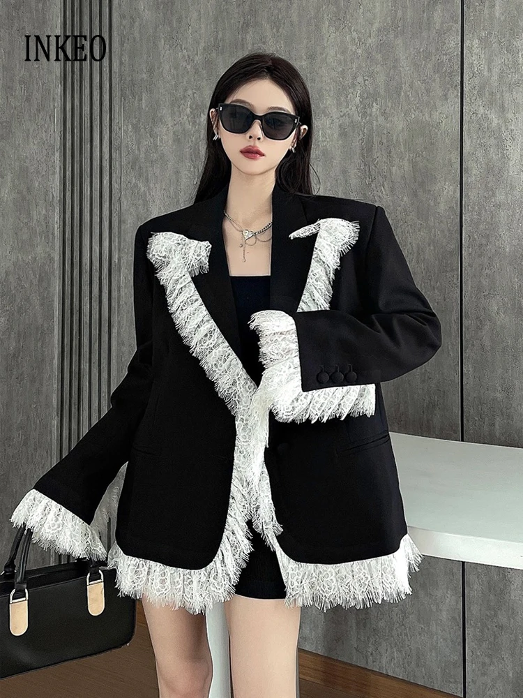 

High street Lace patchwork blazer for women Spring Autumn Oversize ruffles jacket Female 2025 New design outwear INKEO 5O108