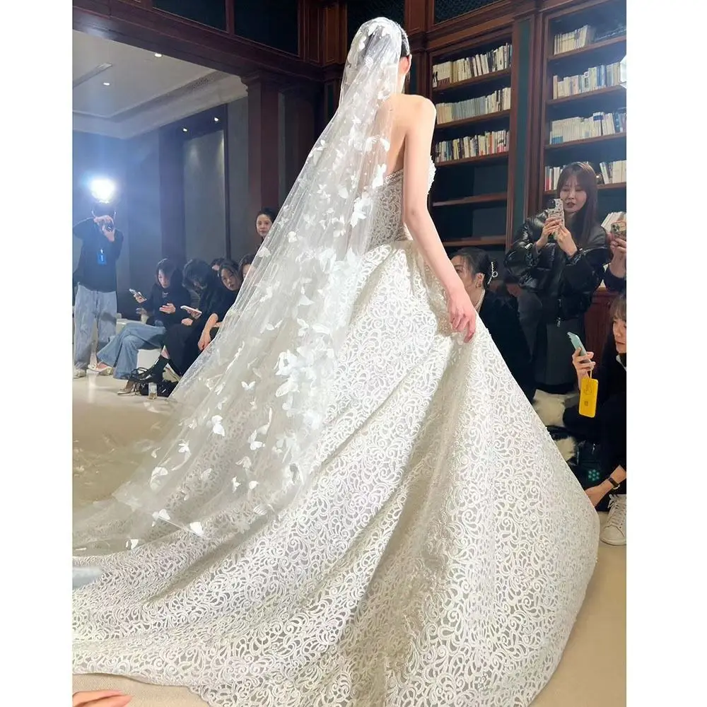 طبقة واحدة من حجاب الزفاف على شكل فراشة بيضاء، غزل ناعم، أغطية رأس زفاف العروس الطويلة للغاية، شاش رومانسي فاخر على شكل فراشة #6