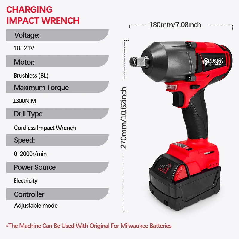 Imagem -04 - Egod Chave de Impacto Elétrica sem Escova 1300n.m Alto Torque de Íon de Lítio Led Luz para Reparo Automotivo Doméstico Adequado para Bateria Milwaukee