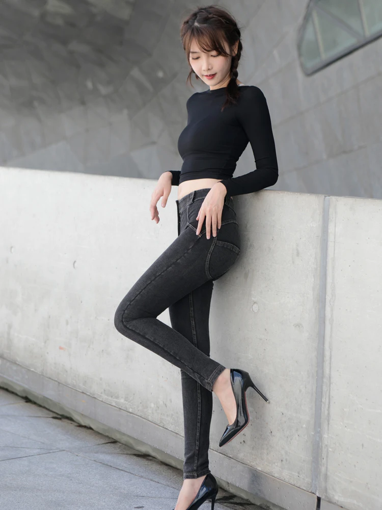Low Waist Spring Autumn Denim Pants Women's Fitn Butt Lifting Sexy Slimming Elastic Ankle Length Conced Jeans
