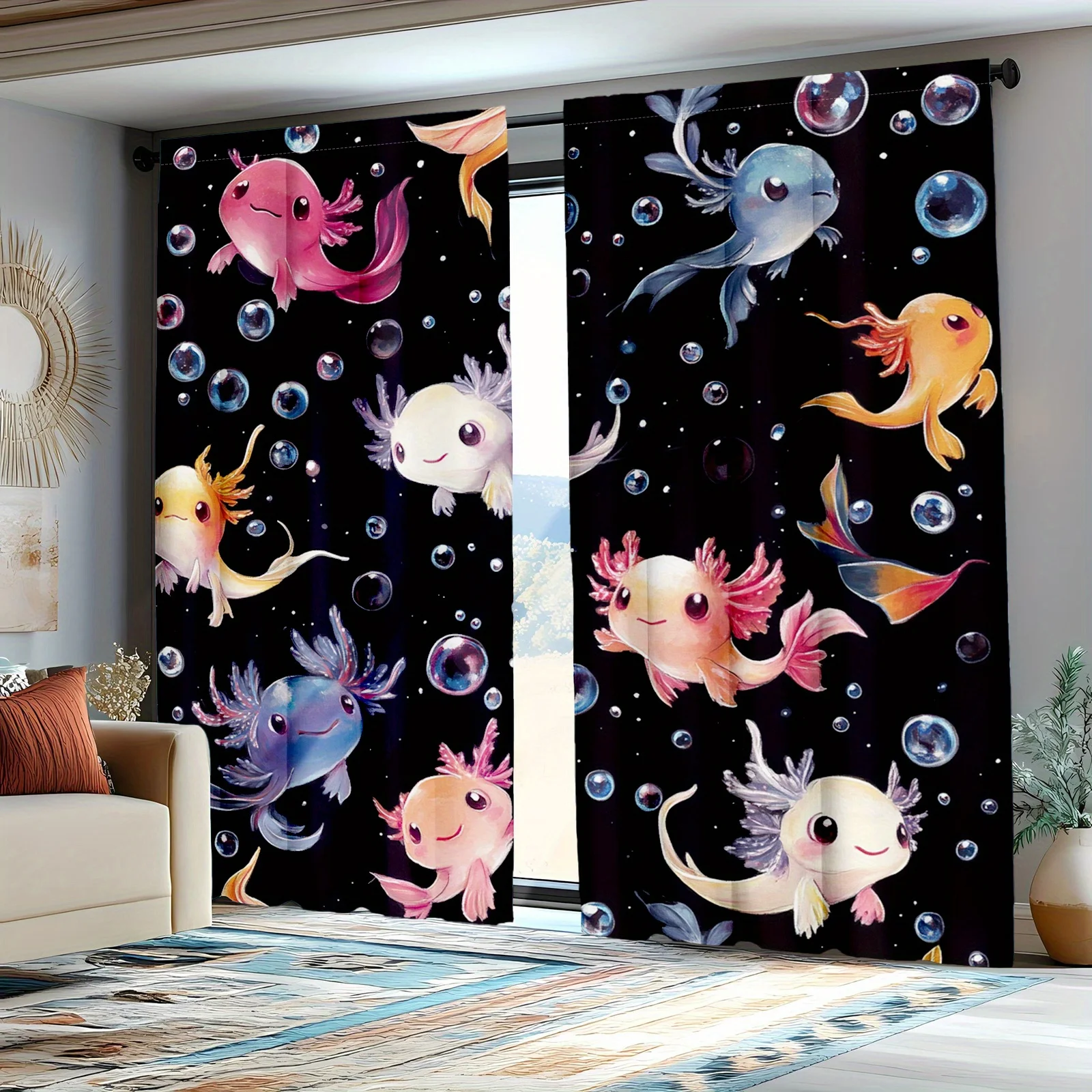 2pcs Ocean Mermaid Fish Curtain Pair Nursery Room Decor Tropical Sea Bubble Kids Cartoon Window Panel Backdrop