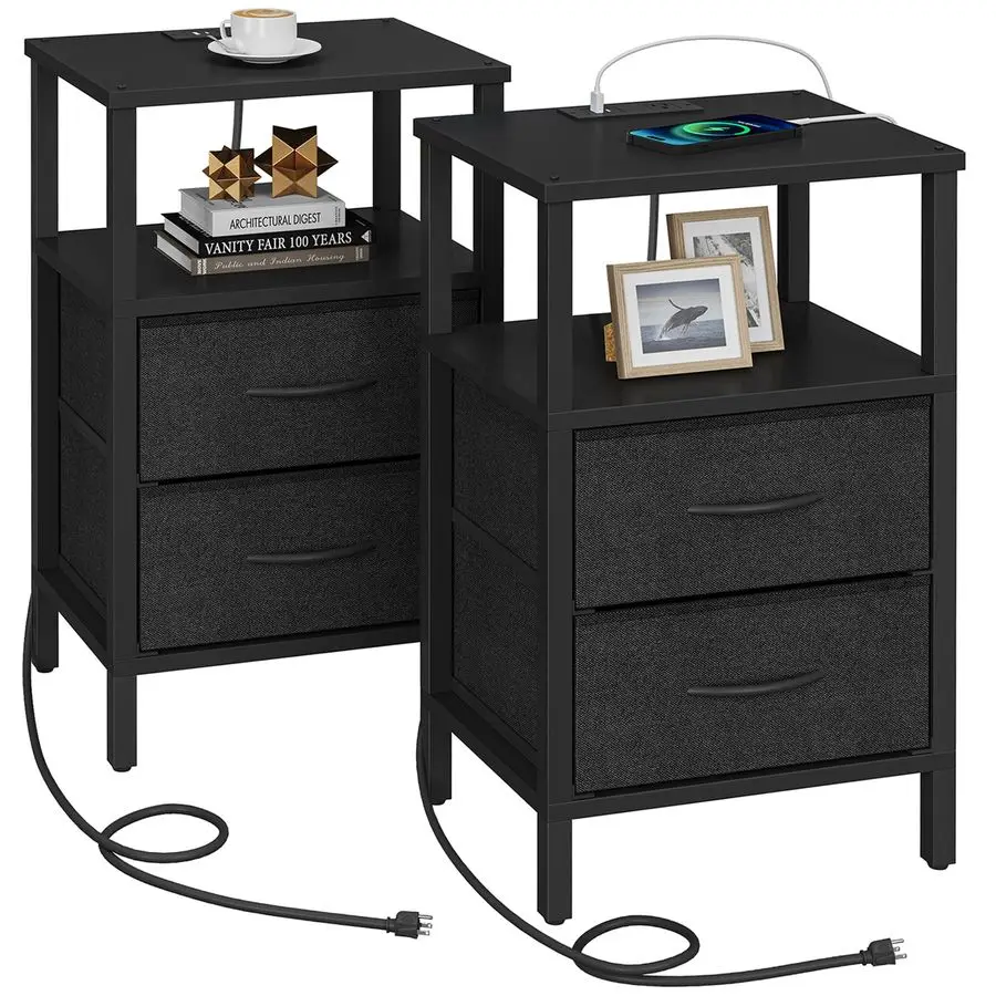 

End Table with Charging Station, Side Table with 1 USB 1 USB C type Port and Outlets, Nightstand with Cloth Drawer, Set of 2, C