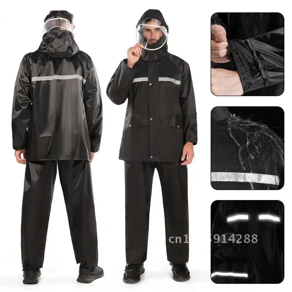 

2Pcs/Set Raincoat Pants Set Hoodie Buttons Outdoor Working Rainproof Rainwear Oxford Set Strip Cloth With Reflective