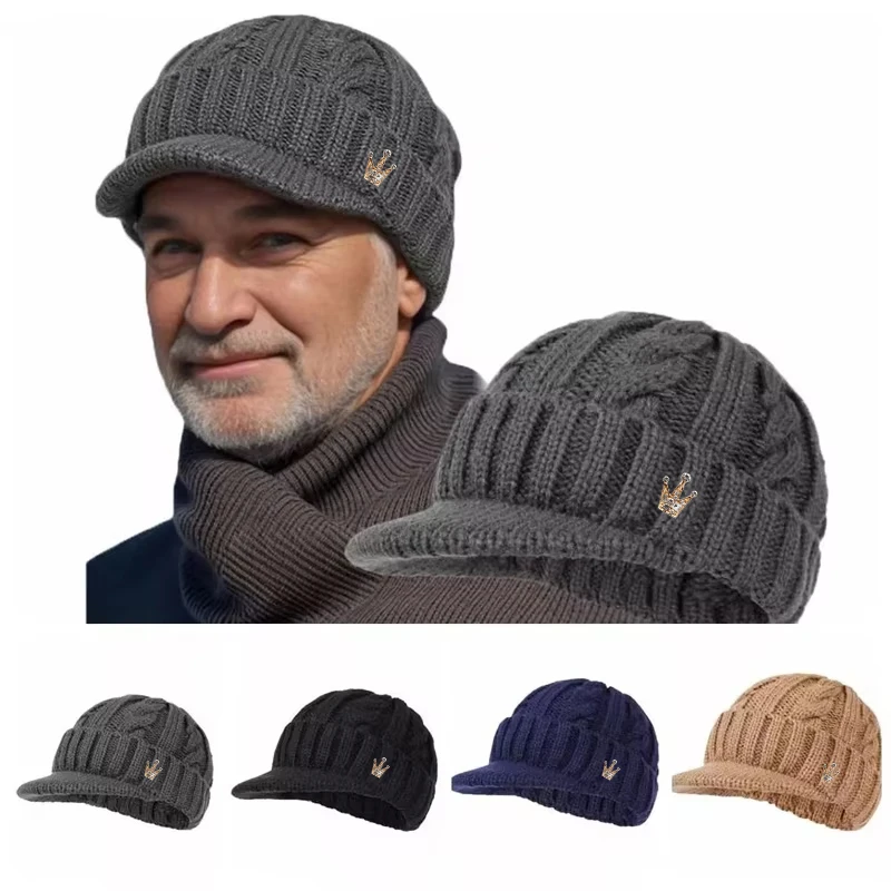 Große Größe 65 cm warme Mützen für Männer im Freien, kurze Krempe, Entenzungenkappe, Winterplüsch, dicke gebratene Teigdrehungen, Strickmütze