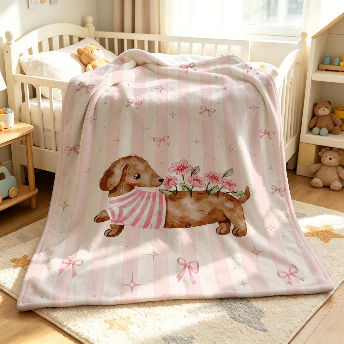 Flower Doxie Flannel Blanket Warm Soft Halloween Christmas Couch Warm Cozy Decorative Decor Gift for All Season