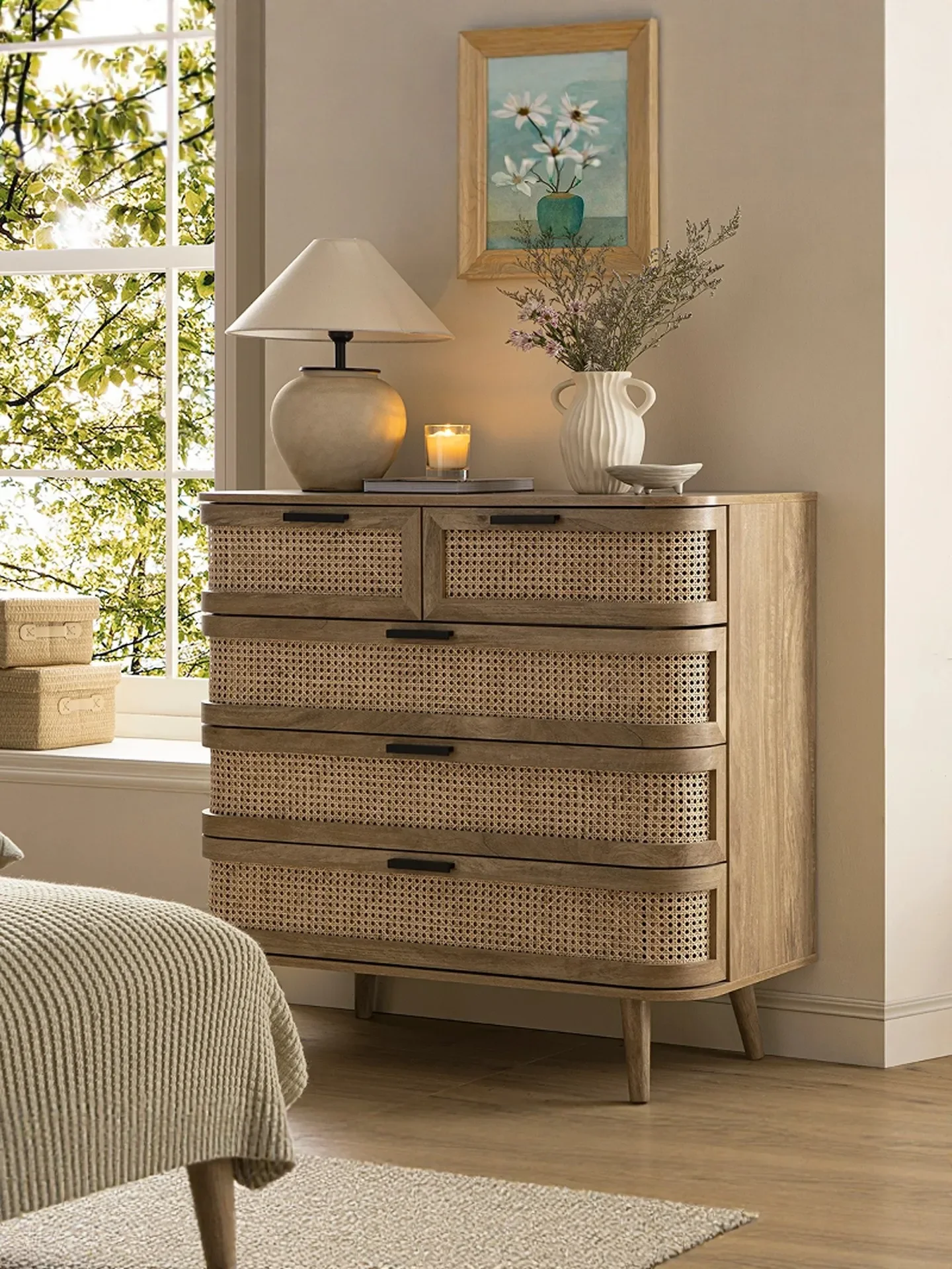 Medieval solid wood rattan chest of drawers bedroom drawer bedside cabinet wall locker