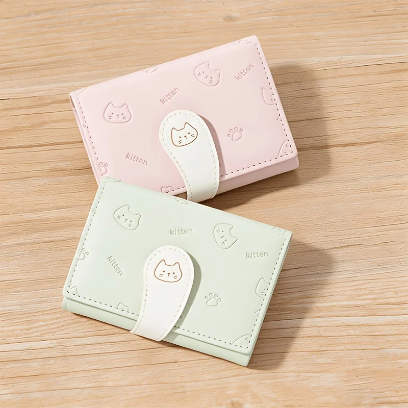 Cute Cartoon Cat Tri‑Fold Short Wallet for Women, Fresh Multi‑Card Slots Unique Coin Purse for Students