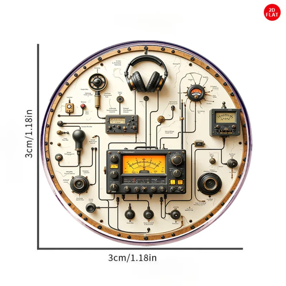 Vintage Radio Panel Brooch Steampunk Wireless Equipment Stainless Steel Flat Badge Instrument Glass Texture Brooch Accessory