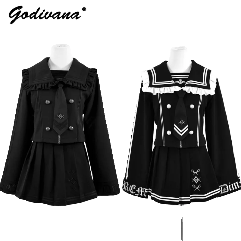 Japanese Mine Black and White Contrast Edge Striped Navy Collar Blazer Short Coat Pleated Skirt with Tie Women Gothic Skirt Suit