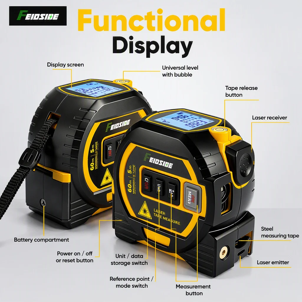 FEIDSIDE Laser Rangefinder 60M 2-in-1 With Tape Measure 5M Multiple Measurement Modes Measuring Tool