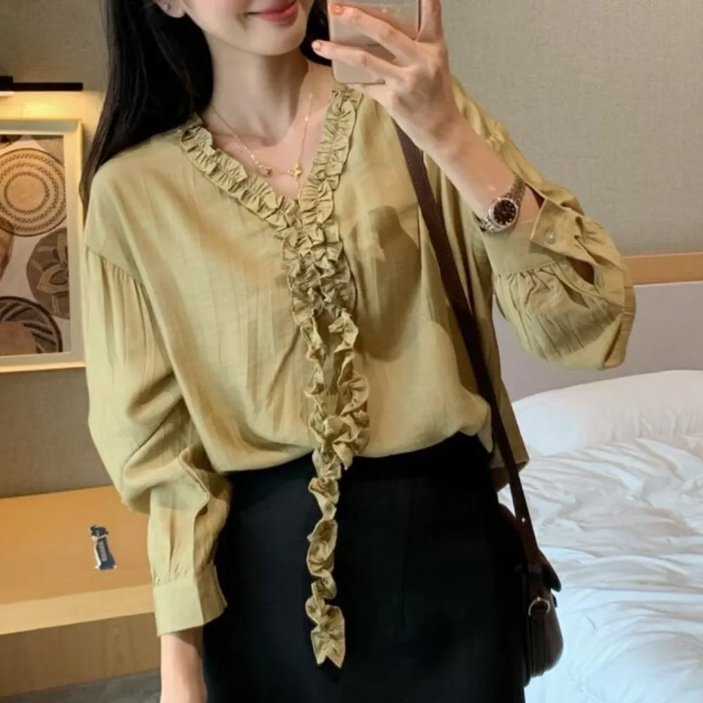 Koreanische Sle frauen irt Süße Sanfte Quaste Blume Holz Ohr Sexy V-ne Lange Sve Pendeln Top Atmungsaktiv Haut-freundliche