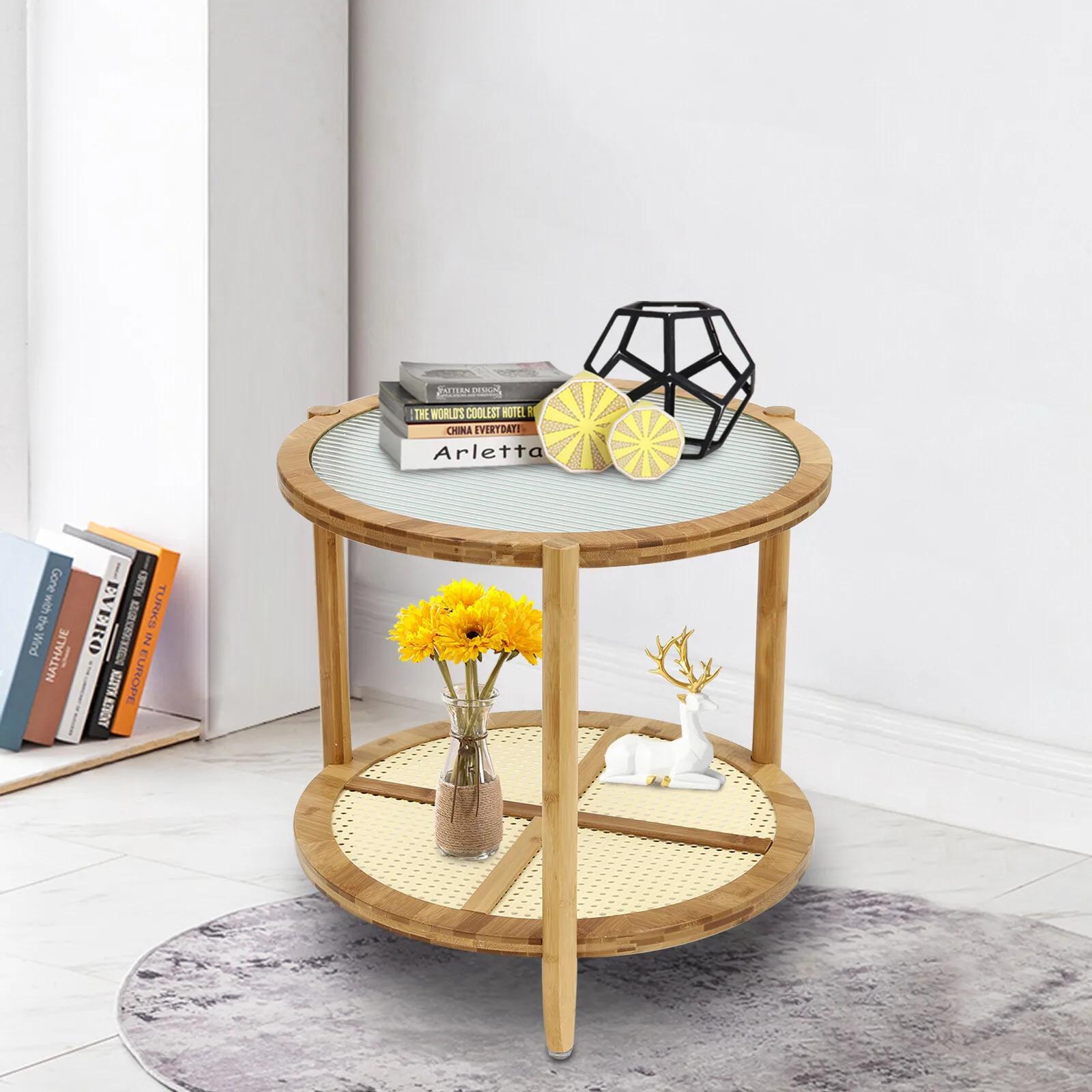 2-х ярусный круглый журнальный столик 54*54*50 см деревянный стол для гостиной комнатный торцевой столик отдельно стоящий