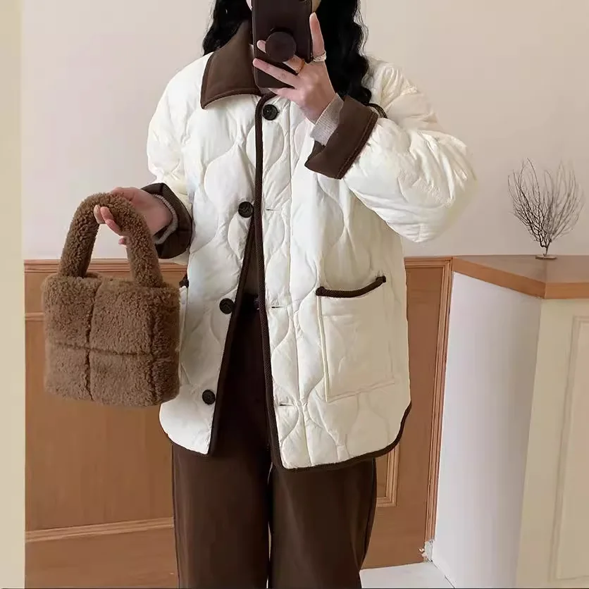 Autumn Down Cotton Padded Jacket Women's 2026 Contrast Lapel Rhombic Thin Short Loose Spring Cotton Padded Casual Coats Female