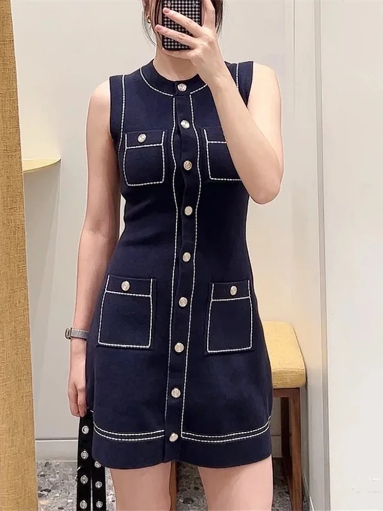 

High-End Faion M-Home Deep Blue Stitched round Ne Slimming Svel ort Knitted Dr for Women Commute High Waist A-...