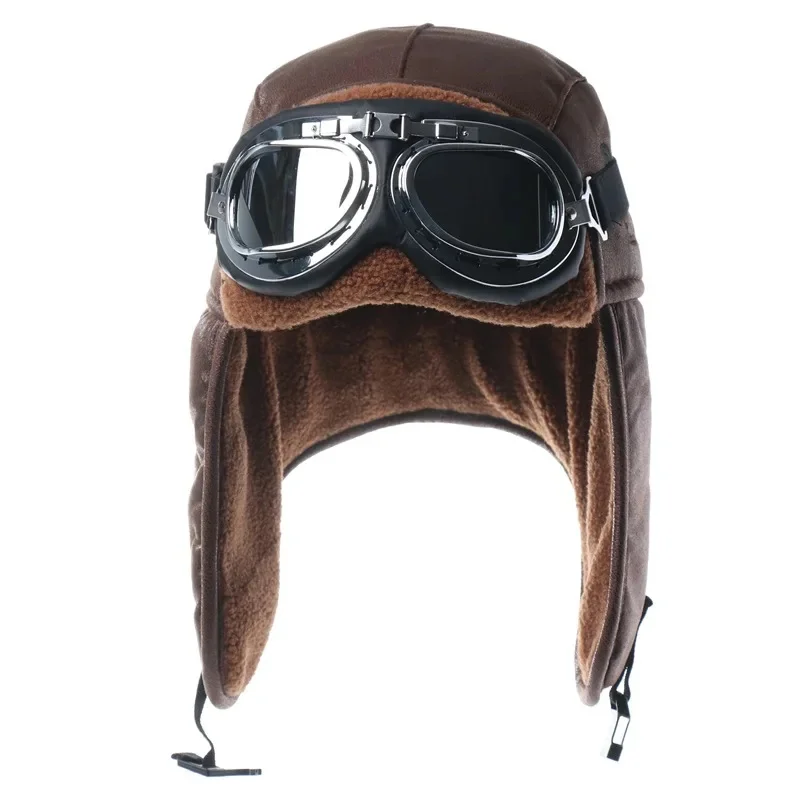 Men's Winter Bomber Hat with Goggles, Motorcycle Windproof Pilot Hat, Faux Fur Earflap Ushanka for Outdoor