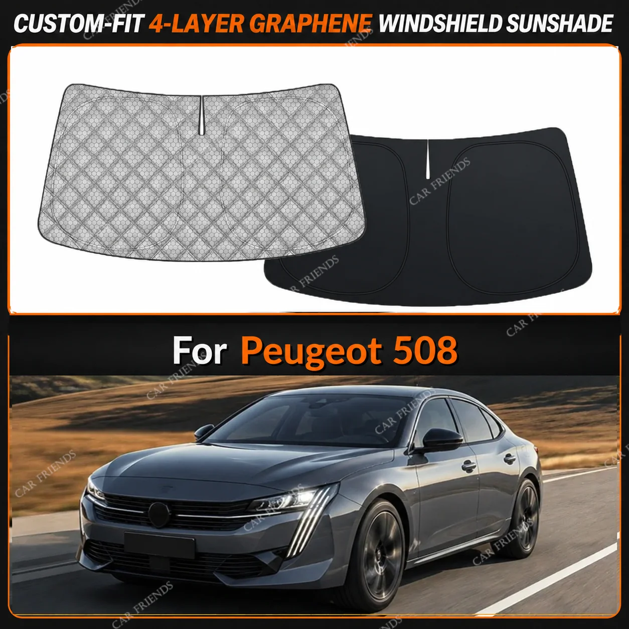 For Peugeot 508 Custom-Fit 4-Layer Graphene Windshield Sunshade Reflective Gray-Silver Surface Helps Reduce Direct Sunlight