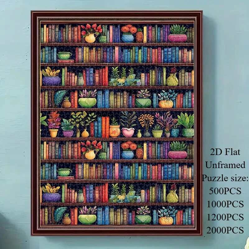 Jigsaw Puzzle 500/1000/1200/2000 Pcs Colorful Bookshelf Featuring Plants Jigsaw Puzzles for Adults Stress Relief Toys Gift