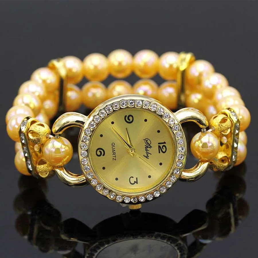 Shsby New Women's Rhinestone Quartz Analog Bracelet Wrist Watch Lady Dress Watches With Colorful Pearls