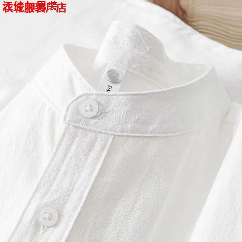 Men's Cotton Linen Short Sleeve Shirt Stand Collar Henry Collar round Neck Five Sleeve T-Shirt Women's Texture Sensation Top