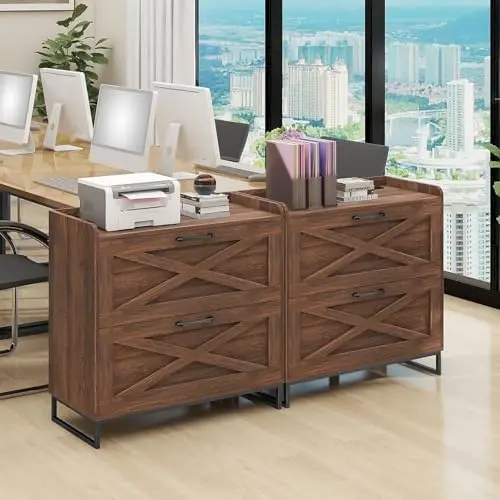 File Cabinet 2 Drawers Lateral File Cabinet with Charging Station for Letter/Legal/A4 Size Hanging Files, Large Wood