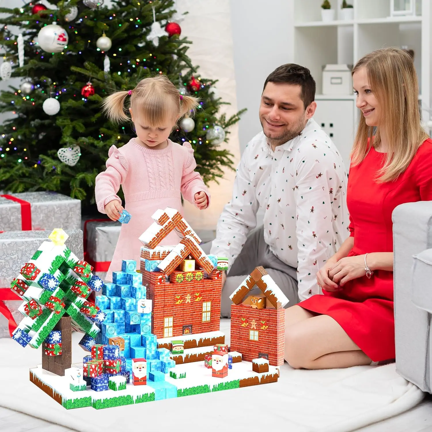 ของเล่นบล็อกแม่เหล็กคริสต์มาส ตัวต่อแม่เหล็ก 3 มิติ ของเล่นเสริมพัฒนาการทางประสาทสัมผัส ชุดของเล่นสร้างสรรค์แบบอินเทอร์แอคทีฟ ของขวัญปีใหม่