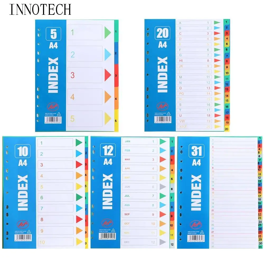 5/10/12/20/31Pages Index Separator Page Numbers A4 Size Loose-leaf Dividers Colored 11Holes Binder Dividers Office Supplies