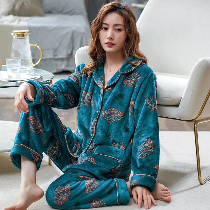 

Big Yards M-4XL Warm Winter Pajamas Set Women Sleepwear Flannel Long Sleeve Pajamas Homewear Thick Home Suit