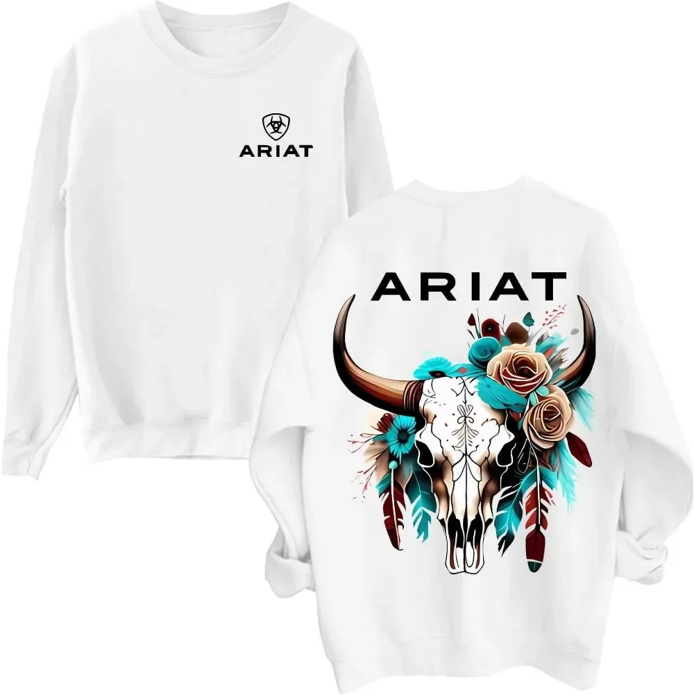 Ariat Sweatshirt, Unisex Sweatshirt Featuring A Wild Bull Skull Design With Intricate Floral Patterns, Casual Sweatshirt