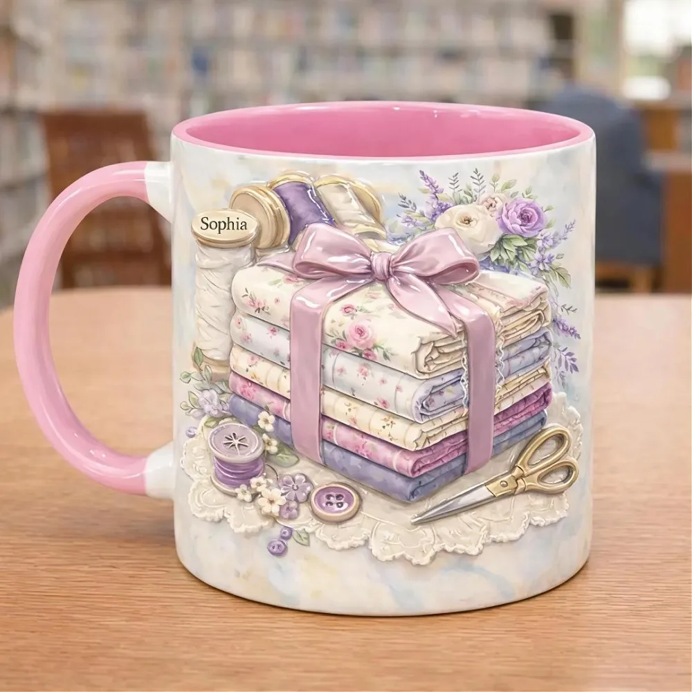Personalized 11oz Vintage Sewing Floral Ceramic Mug Pink Handle Pink Interior Fabric Ribbon Scissors Lace Rose Pattern for Sewin