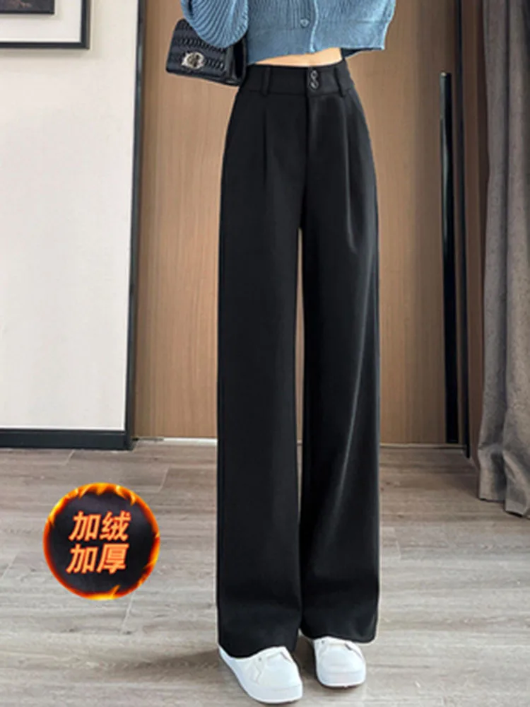 Woolen Wide Leg Pants Black Khaki Winter Korean Style Women Trousers High Waist Loose Straight Mopping Long Pants