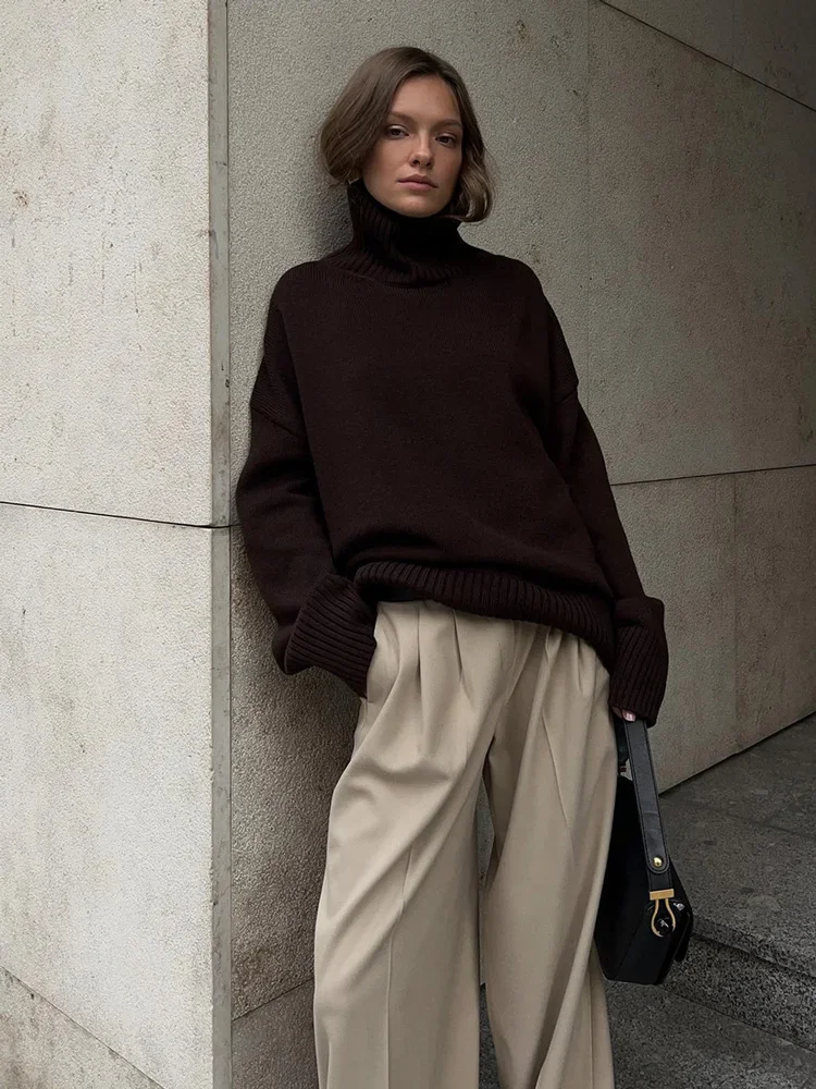 

Casual Knitwear Sweater Pullover Turtleneck Top For Women Ribbed Loose Long Sleeve Solid Elegant Top Knit Female Pullover
