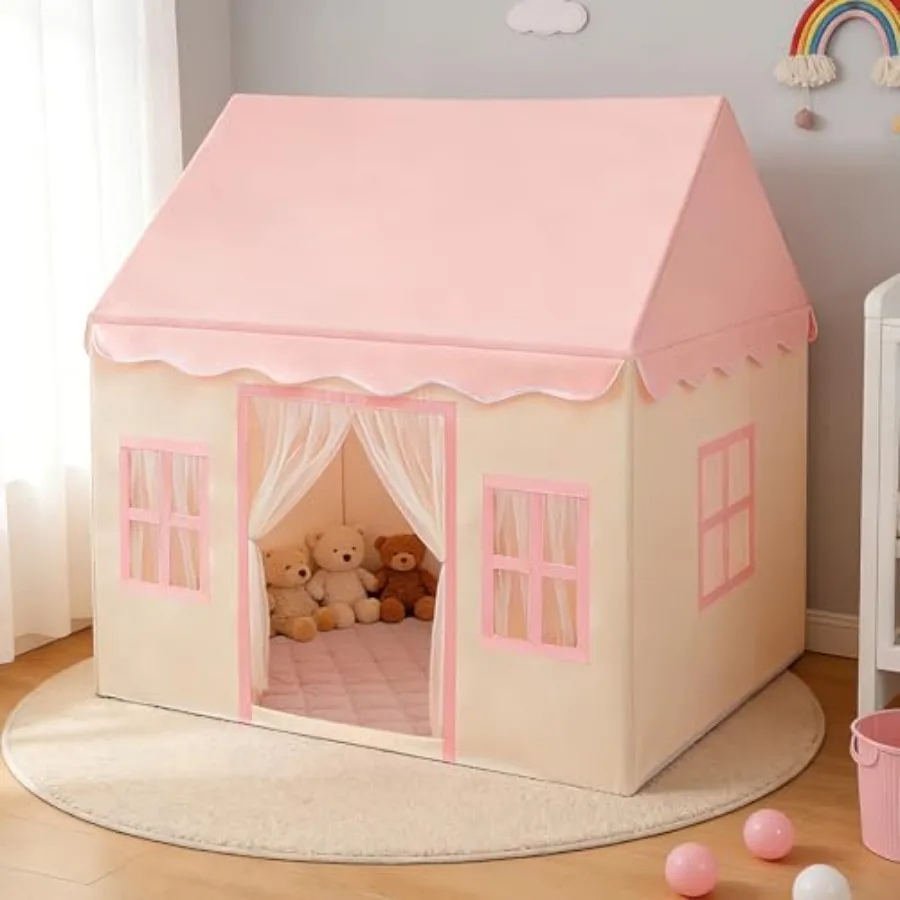 

Indoor kids play tent for toddlers with padded mat, pink color, star lights, large space, carry bag and banner flag