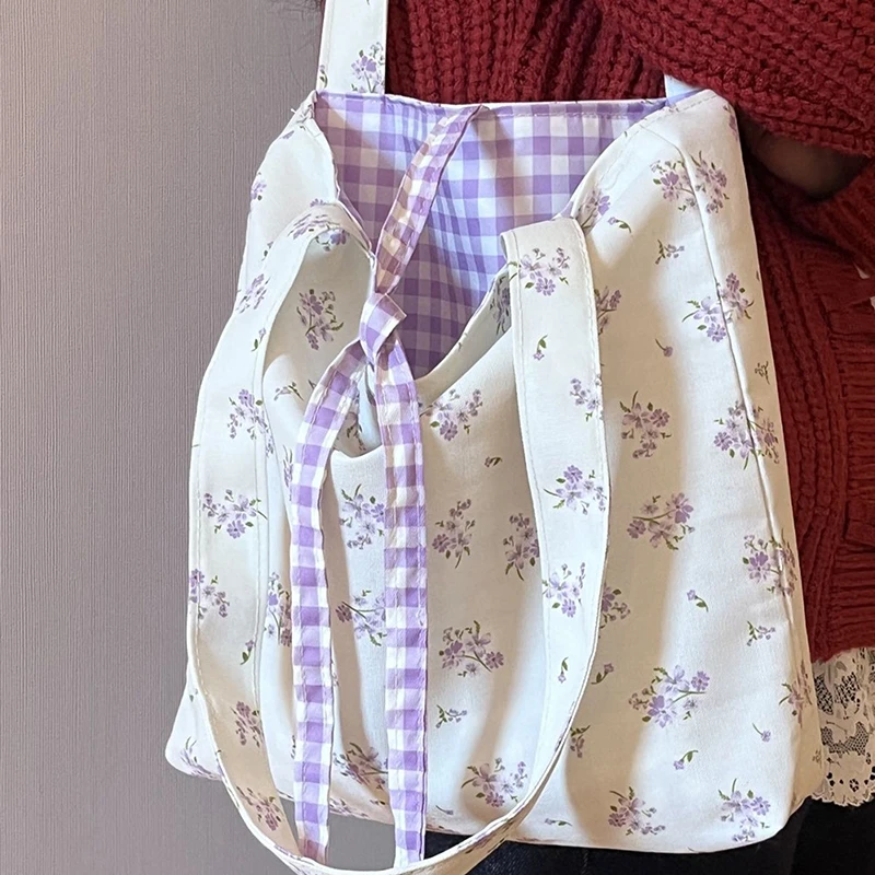 

Pastoral Floral Canvas Bag, Purple Plaid Tote Bag, Large Capacity Literary Shoulder Bag with Lace Trim, Casual Commute Bag
