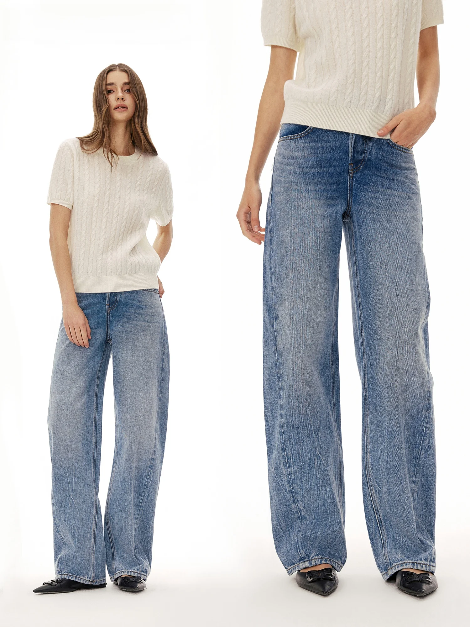 Retro Washed Blue  Mustard Folded Denim Jeans Loose Straight Leg Shape Cotton Long Trousers Casual Style Daily Wear