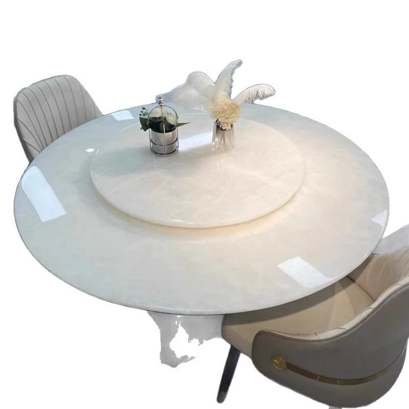 

Natural luxury stone round rice dining table and chairs combination villa high-end large apartment restaurant with turntable