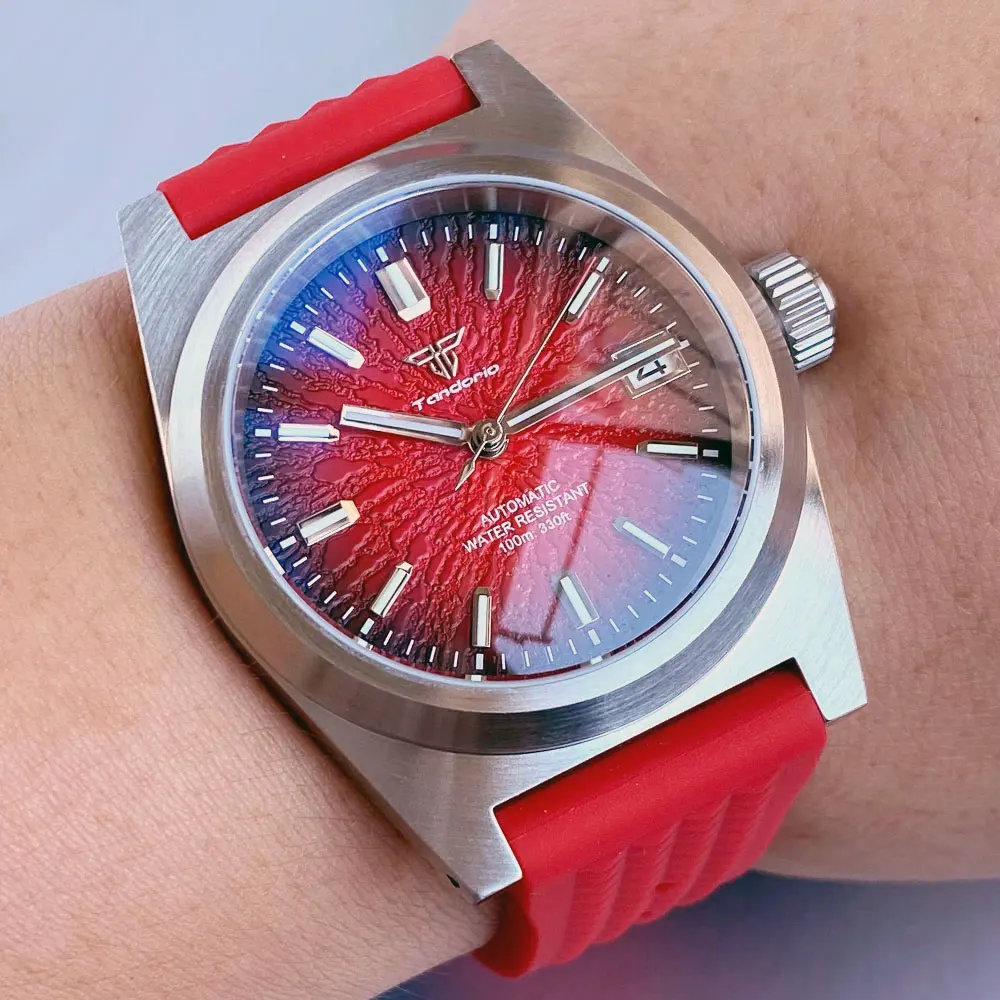 

38mm Tandorio Red Black Pattern Dial Japan NH35A Automatic Mens Watch Sapphire Glass Rubber Strap
