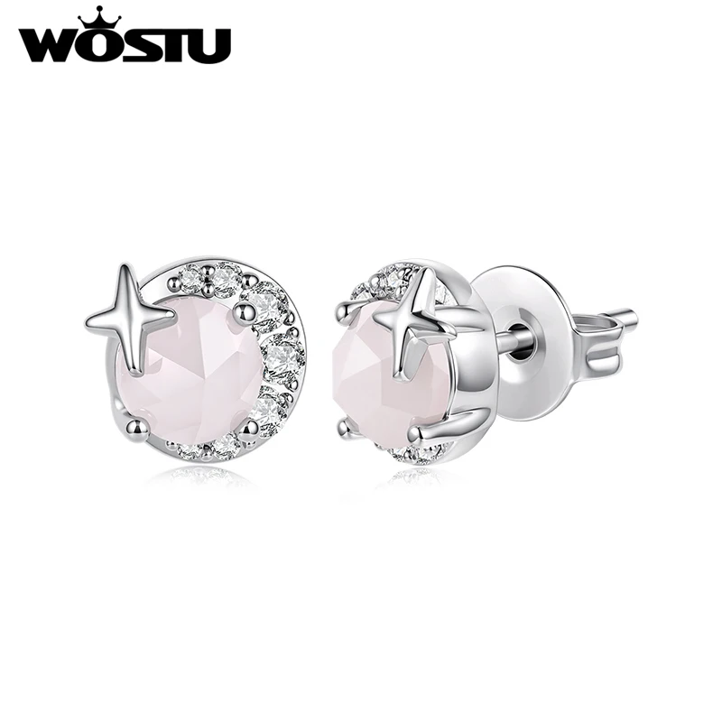 WOSTU Natural Rose Quartz Stud Earrings For Women, Platinum Plated 925 Sterling Silver Post Star Moon Ear Studs Lovely Gift