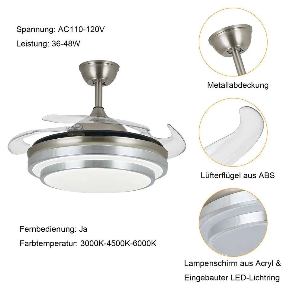 36 Inch Modern Adjustable Invisible Ceiling Fan Light Lamp LED Acrylic ABS Chandelier w/Remote Retractable for Living Room Foyer