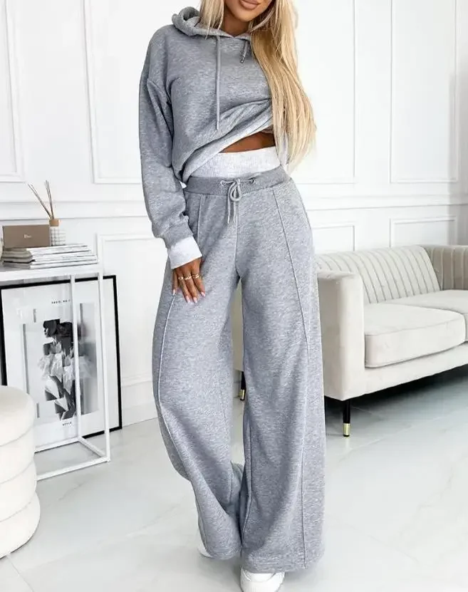 

Two Piece Set for Women 2023 Autumn Winter Sports Style Contrasting Colors Fake Two Piece Hoodie & High Waist Wide Leg Pant Set