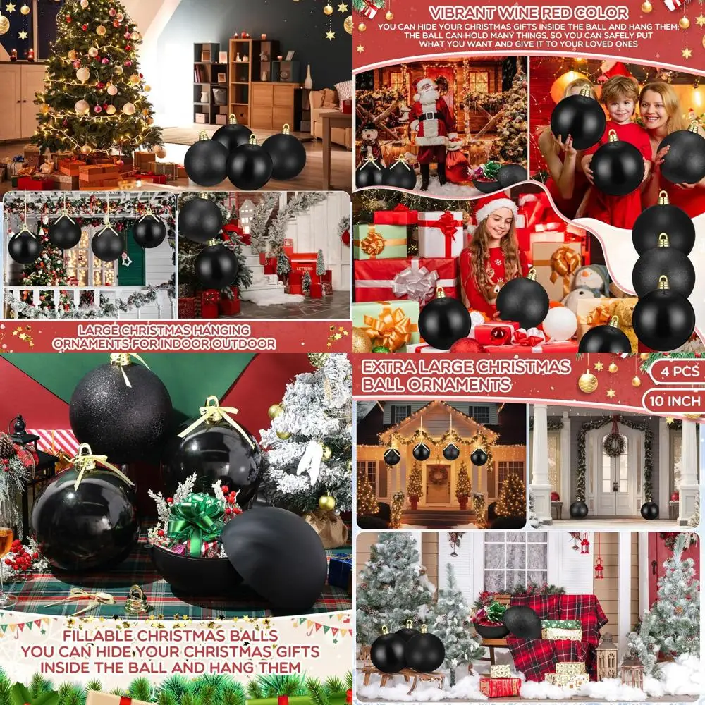 

Large 10 Inch Christmas Ball Ornaments, Vintage-Style Hanging Tree Decorations, Black Plastic Balls with Loop for Commercial Use