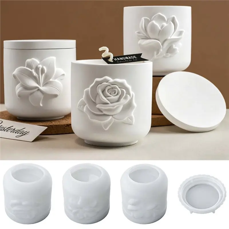 DIY Plaster Epoxy Resin Magnolia Lily Flower Silicone Mold Set 3D Printed Relief Rose Candle Jars Storage Boxes