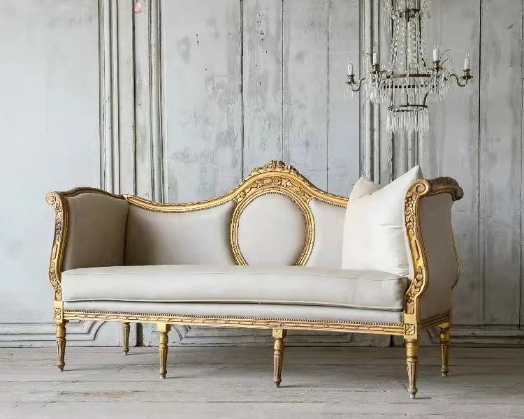 French luxury villa bed and breakfast living room solid wood carving retro gold three-person sofa