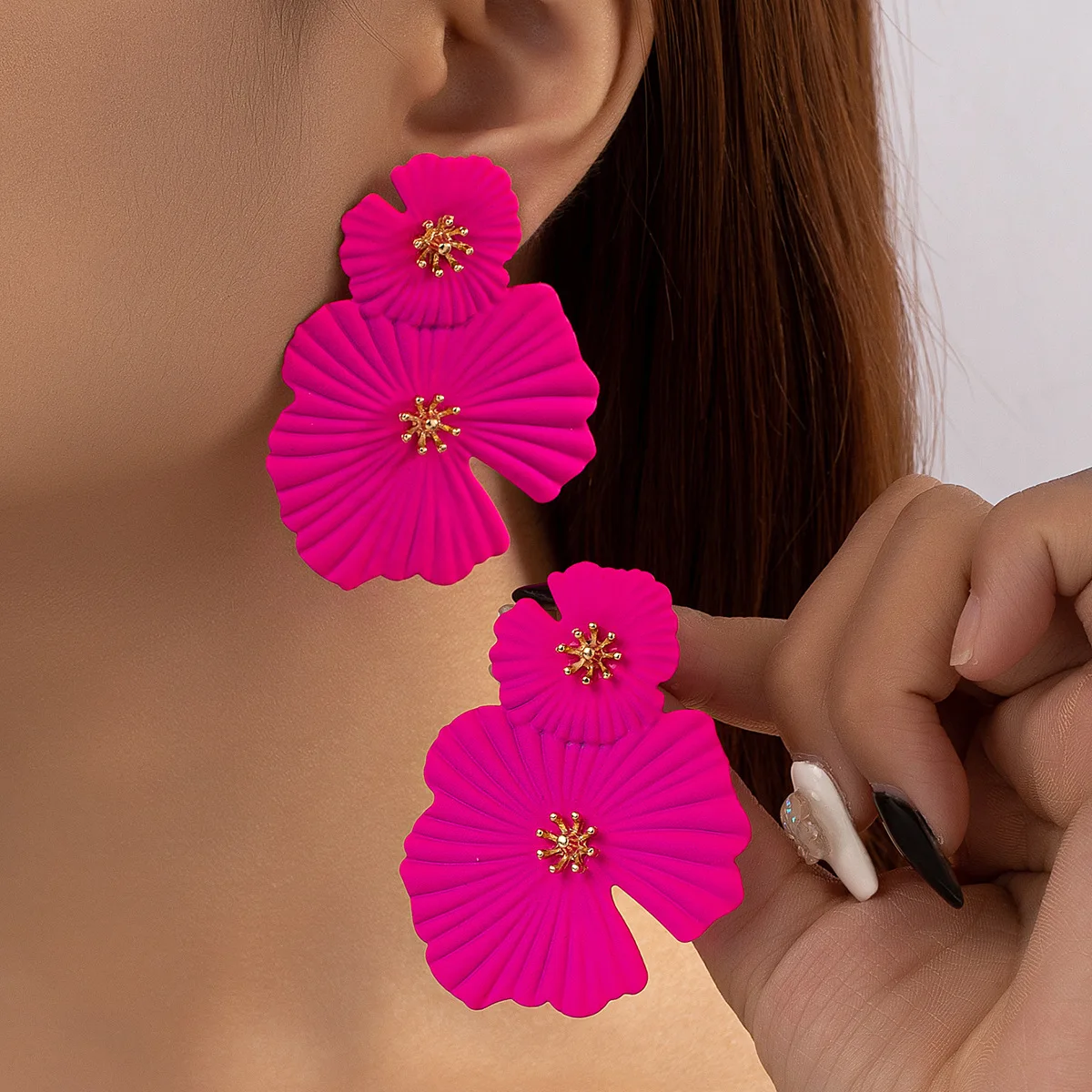 Fashion Big Flower Drop Earrings for Women Wedding New Trendy Long Fushsia Double Layer Enamel Floral Crystal Stud Earring