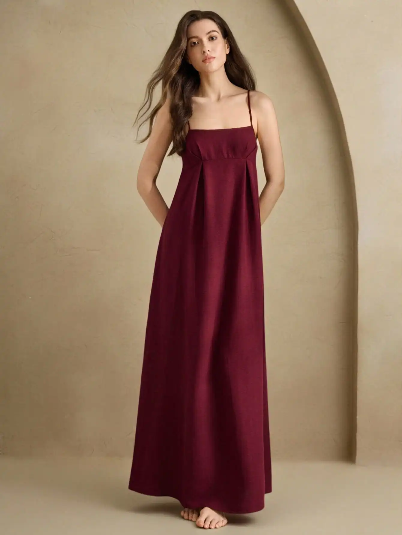 

Women's Burgundy Solid Pleated Bust Camisole Maxi Nightgown for Lounge